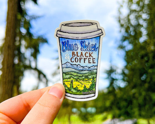 Blue Skies and Black Coffee, 3” Clear Vinyl Die-Cut Sticker, Waterproof and Dishwasher Safe