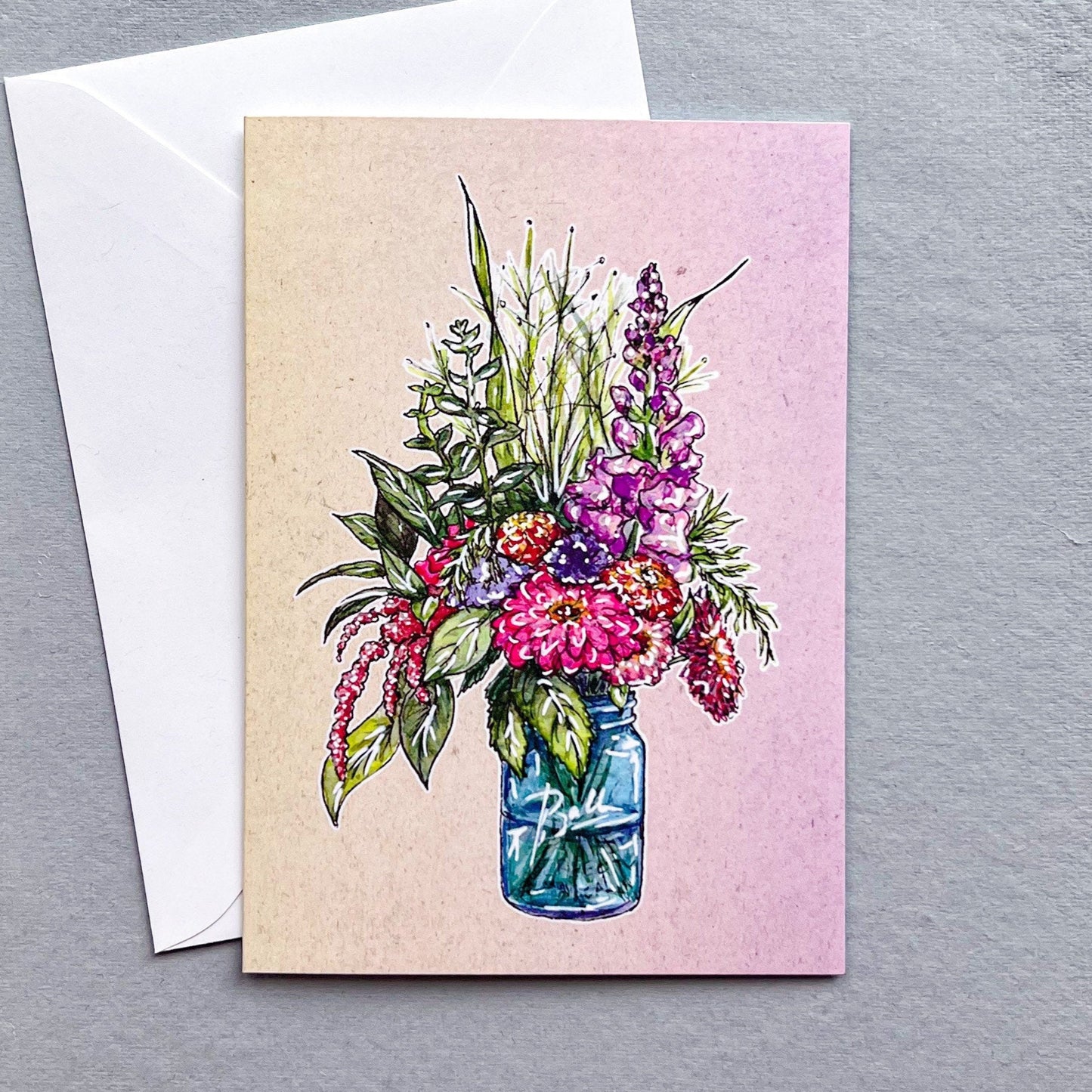 Farm Fresh Flowers in a Mason Jar Greeting Card with Colorful Background, 4"x5.5" Blank Card and Envelope, Watercolor Art Print