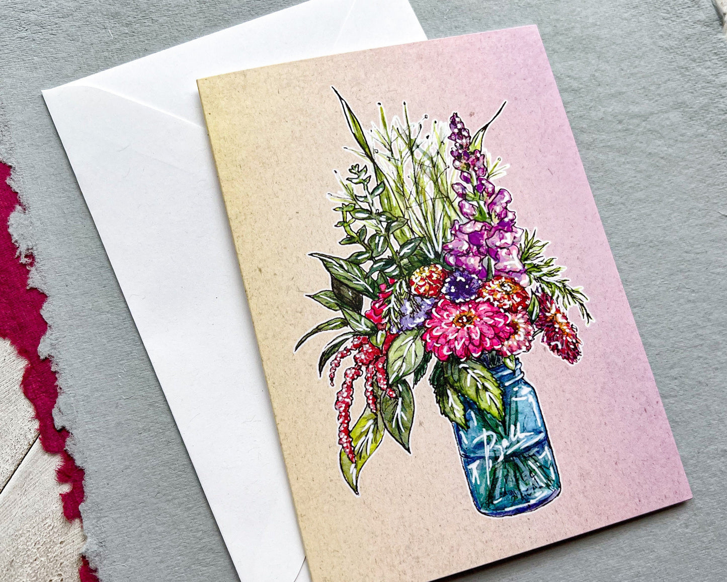 Farm Fresh Flowers in a Mason Jar Greeting Card with Colorful Background, 4"x5.5" Blank Card and Envelope, Watercolor Art Print