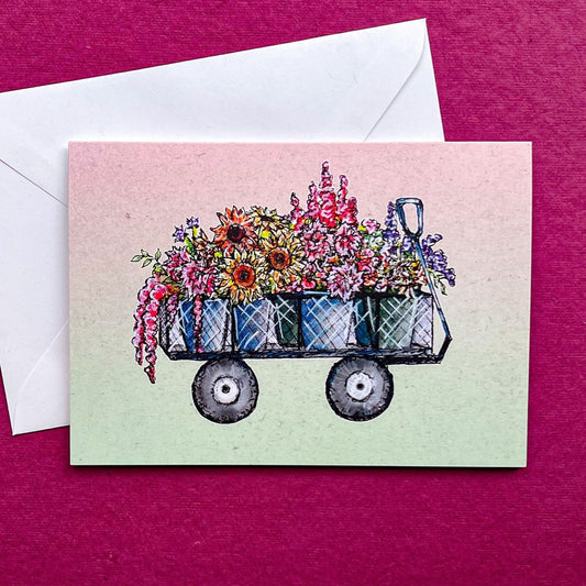 Flower Garden Cart, 4"x5.5" Blank Card and Envelope, Watercolor Art Print