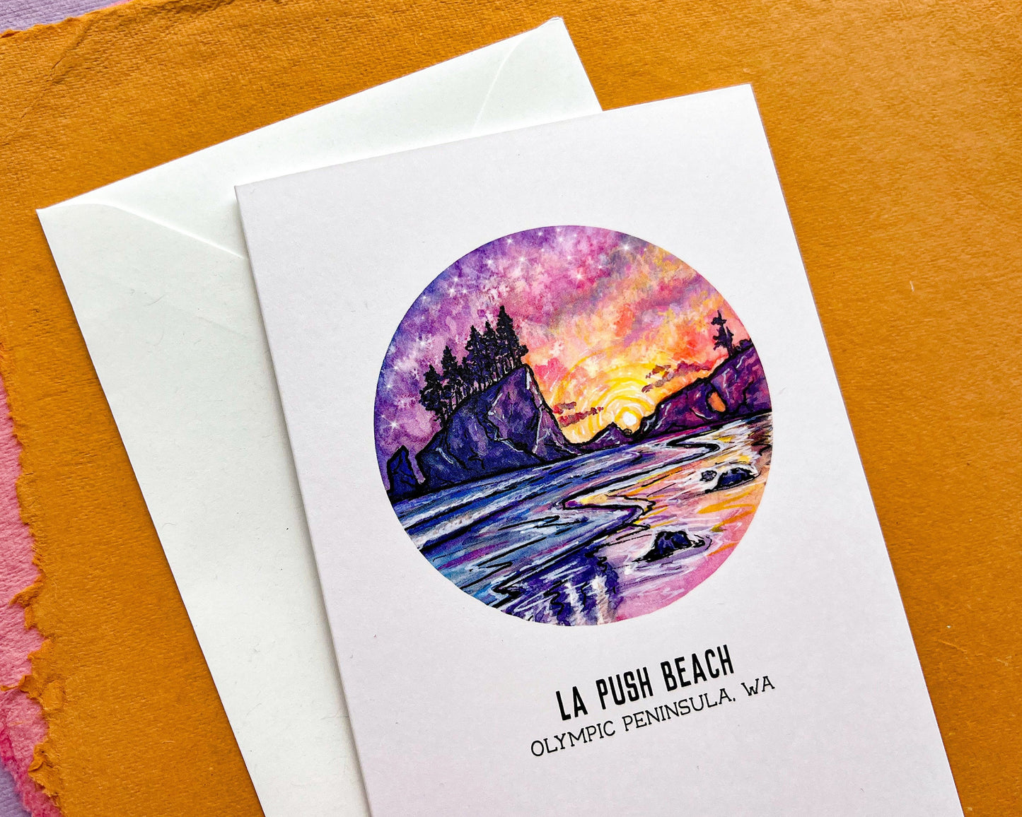 La Push Beach Sunset Greeting Card, 4"x5.5" Blank Card and Envelope, Watercolor Art Print, Olympic Peninsula WA
