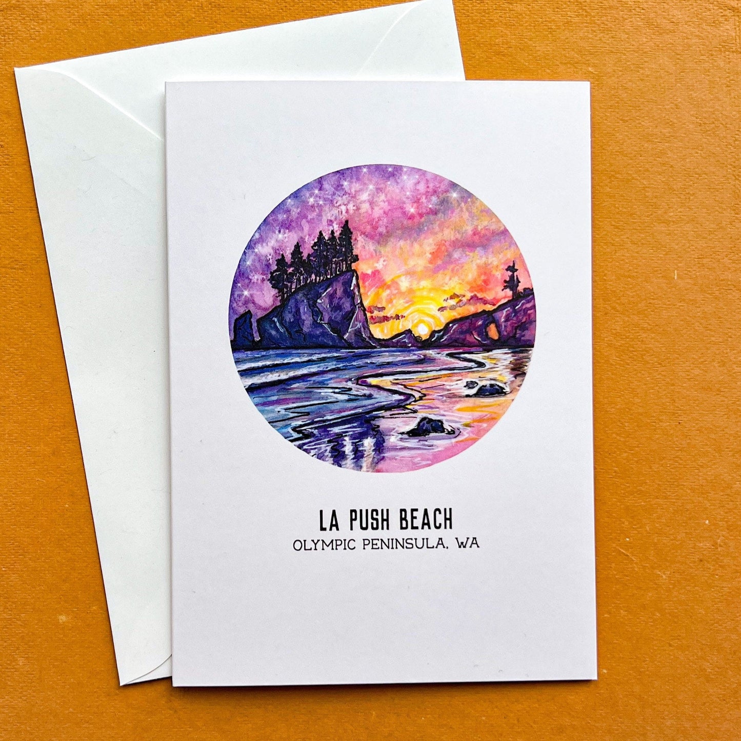 La Push Beach Sunset Greeting Card, 4"x5.5" Blank Card and Envelope, Watercolor Art Print, Olympic Peninsula WA