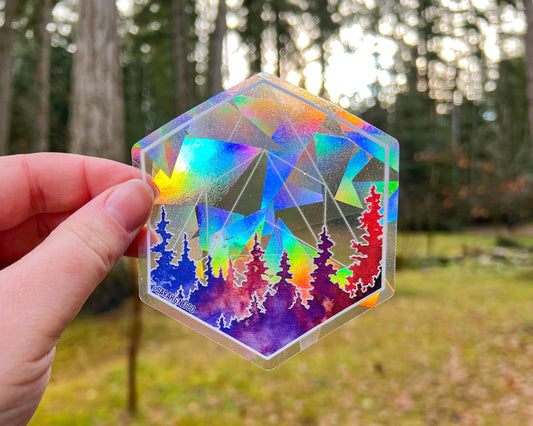 Geometric Forest, 4" Sticker Window Suncatcher, Perfect for Home, Office, or Dorm, Makes Amazing Fractal Rainbows!