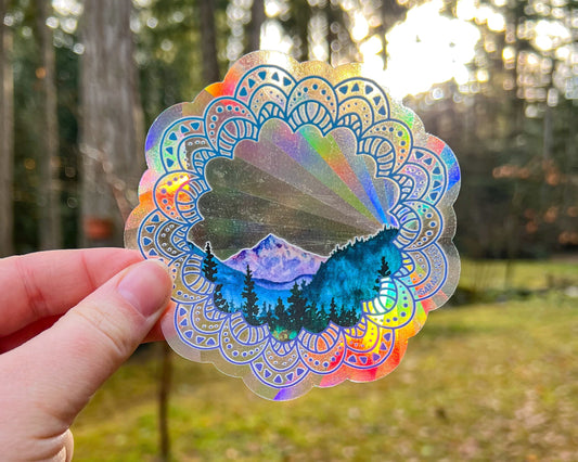 PNW Mandala Mountains, 4" Sticker Window Suncatcher, Perfect for Home, Office, or Dorm, Makes Amazing Fractal Rainbows!