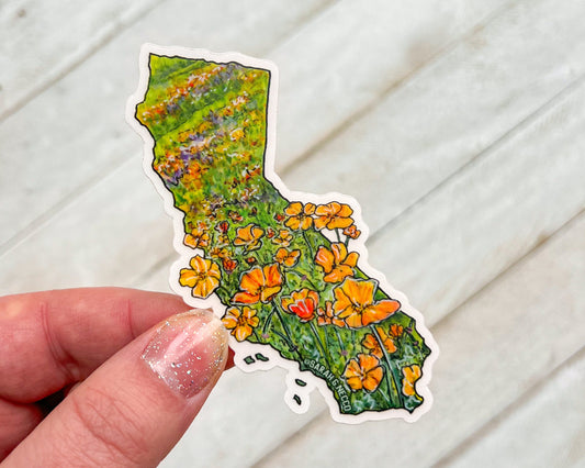 California State Flower Poppy Superbloom, 3" Clear Vinyl Die-Cut Sticker, Waterproof and Dishwasher Safe, CA State Shape Landscape Painting