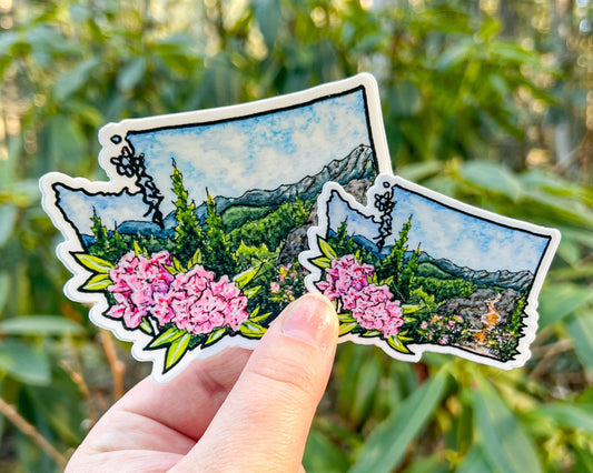 WA State Rhododendron Flower, 4" and 3" Vinyl Die-Cut Sticker, Waterproof & Dishwasher Safe, White Outline