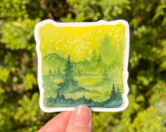 Evergreen Watercolor Painting Square, Clear Vinyl 3” Die-cut Sticker, Waterproof & Dishwasher Safe