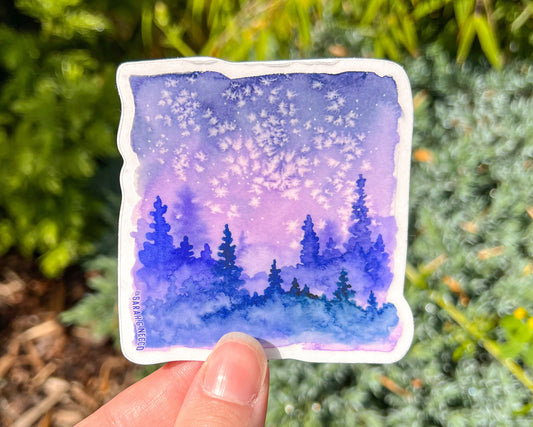Evening Landscape Watercolor Painting Square, Clear Vinyl 3” Die-cut Sticker, Waterproof & Dishwasher Safe