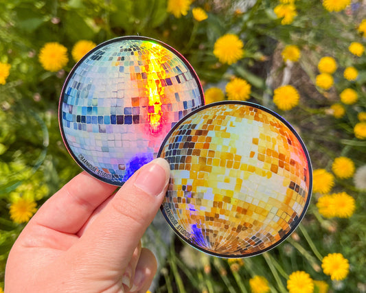 Disco Ball Gold & Silver 3” Vinyl Circle Sticker, Holographic