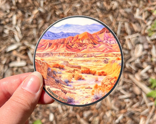 Death Valley Landscape, 3" Matte Vinyl Circle Sticker, Waterproof and Dishwasher Safe, Digital Watercolor Illustration