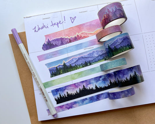 Set of 6 Landscape Washi Tapes, Three Rolls of each: 2.5cm and 1cm Wide, 5m Long