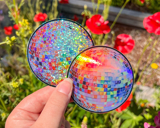 Rainbow Disco Ball 3” Vinyl Circle Sticker, Holographic & Glitter