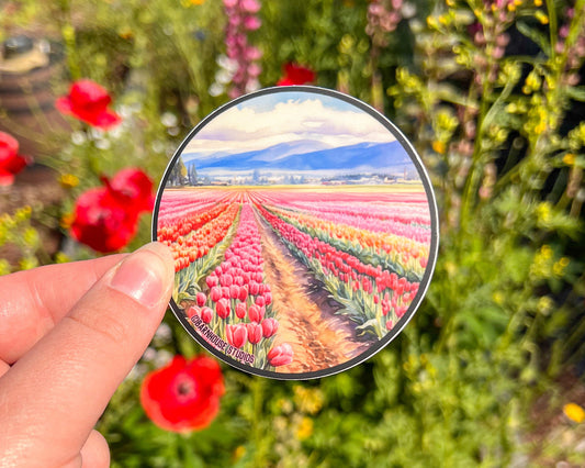 Skagit Valley Tulips, 3" Matte Vinyl Die-Cut Sticker, Waterproof and Dishwasher Safe, Digital Watercolor Illustration