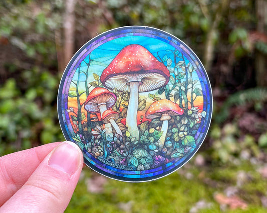 Mushrooms Stained Glass Sticker, 3" Vinyl Circle, Metallic Matte