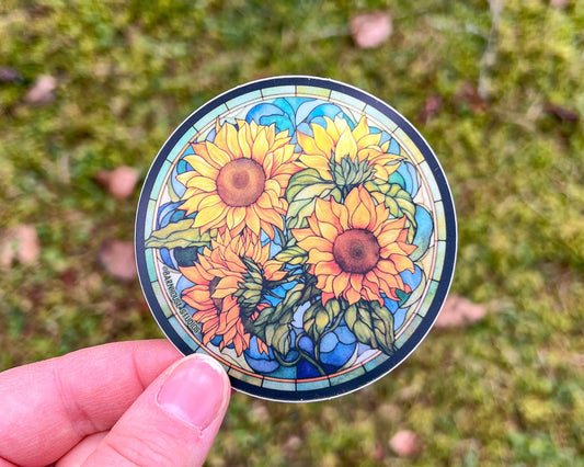 Sunflower Stained Glass Sticker, 3" Vinyl Circle, Metallic Matte