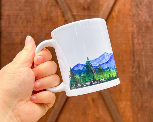 Olympic Mountain Range, WA, White Ceramic Mug, 11oz, Watercolor Wrap Landscape Art