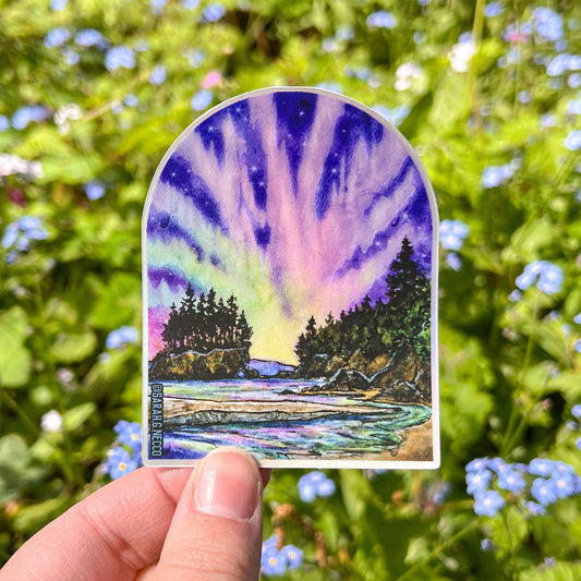 Aurora at Salt Creek, Olympic Peninsula, WA 3” Matte Holographic Vinyl Die Cut Stickers, 2024 Solar Storm