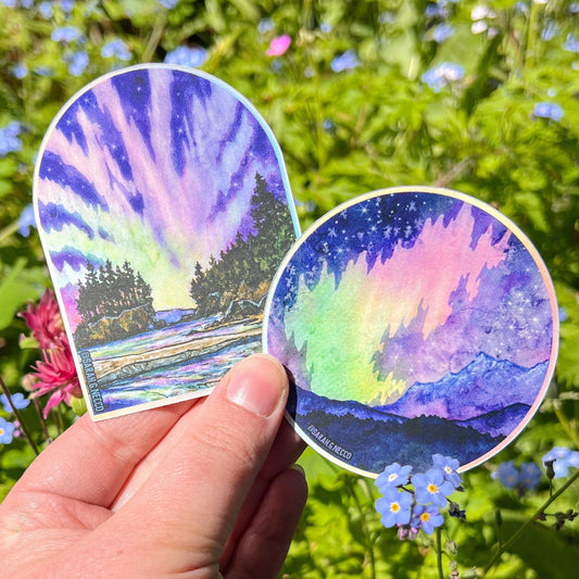 Aurora on the Olympic Peninsula, WA 3” Matte Holographic Vinyl Die Cut Stickers, 2024 Solar Storm