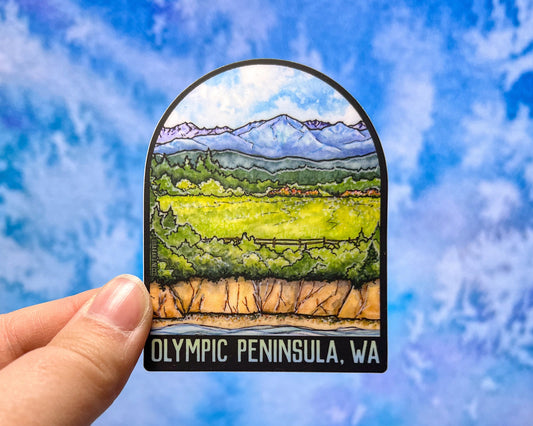 Olympic Peninsula Arch, 3” Vinyl Die-Cut Sticker, Mountains to Sea Watercolor Landscape Art, Waterproof & Dishwasher Safe Sticker