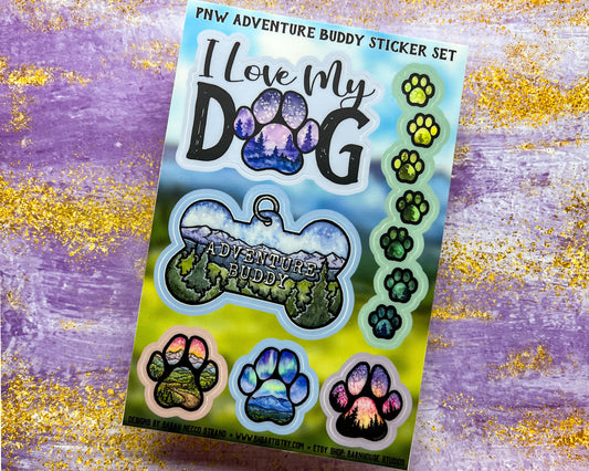 Adventure Buddy Paw Sticker Sheet 4"x6", Set of 6 Stickers