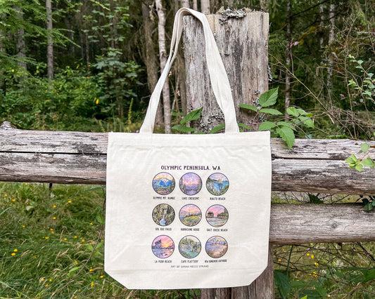 Places Around the Olympic Peninsula Tote Bag, 13”x13” Gusseted High Quality Canvas, Watercolor Art