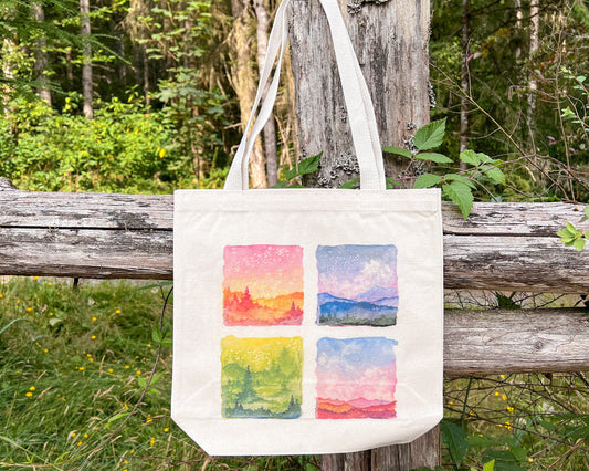 Watercolor Landscape Squares Tote Bag, 13”x13” Gusseted High Quality Canvas, Watercolor Art