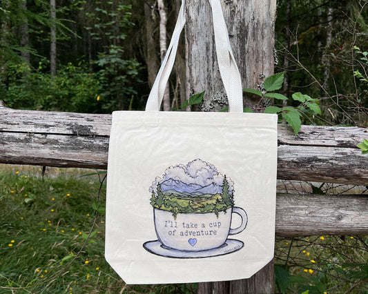 Cup of Adventure Tote Bag, 13”x13” Gusseted High Quality Canvas, Watercolor Art