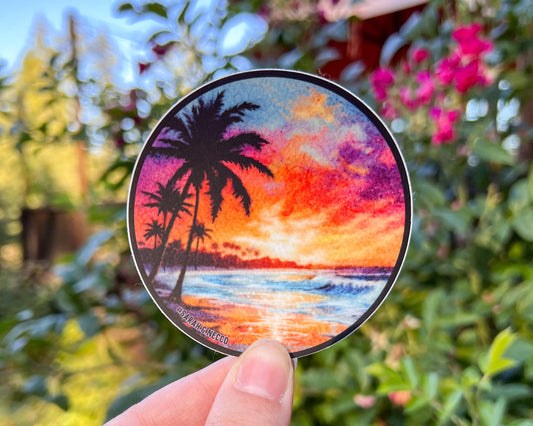 Sunset Paradise Beach and Palm Trees , 3" Matte Vinyl Circle Sticker, Waterproof and Dishwasher Safe, Digital Watercolor Illustration