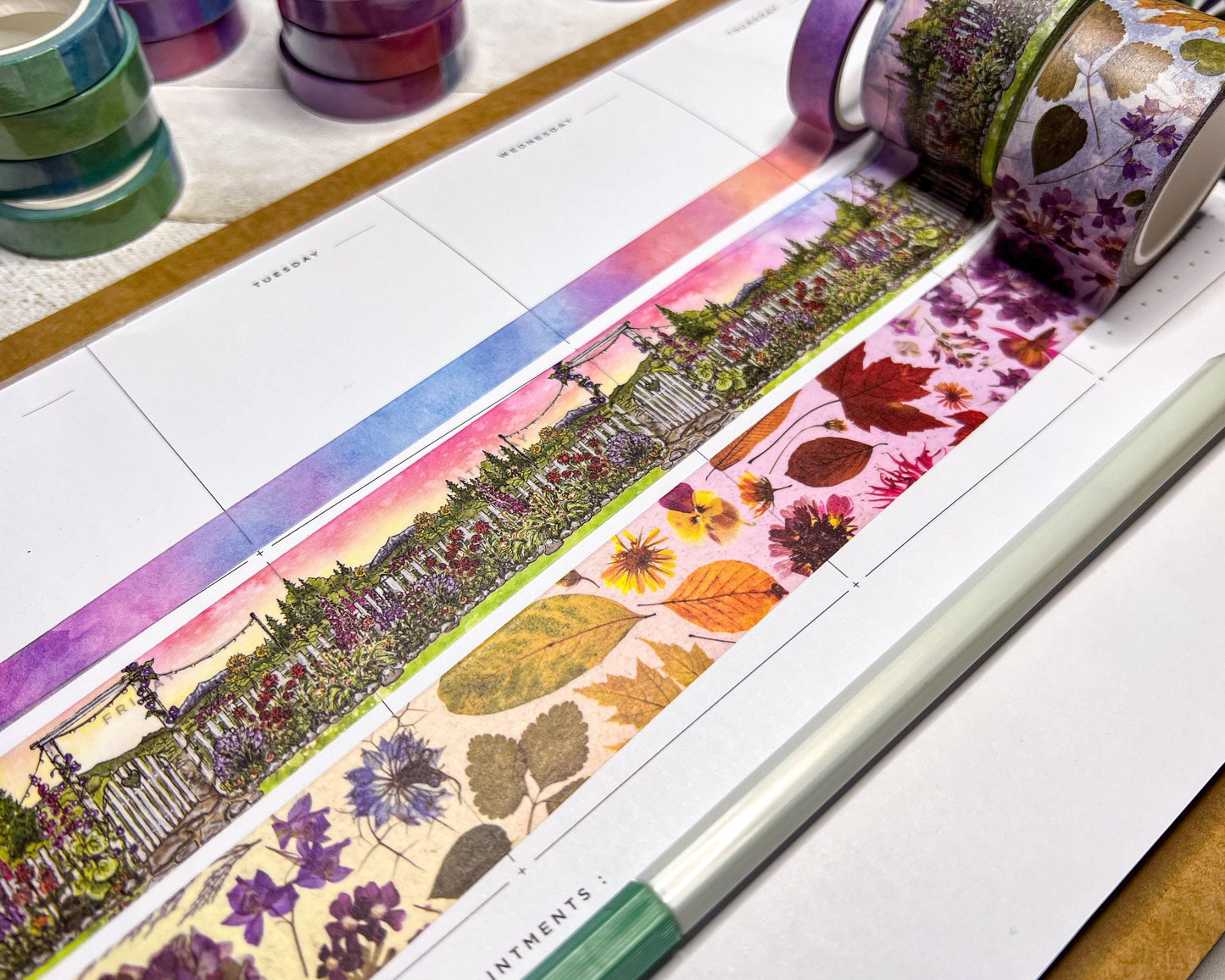 In the Flower Garden Washi Tape Set, Includes 3 Rolls Sizes 1cm, 2.5m, and 3cm Wide, 5m and 10m Long