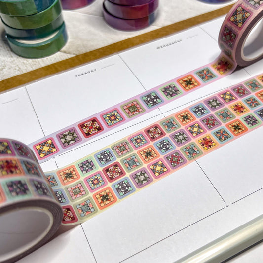 Quilt Blocks Washi Tape, Set of 2 Rolls 1.5cm and 3.2cm Wide, 10m Long