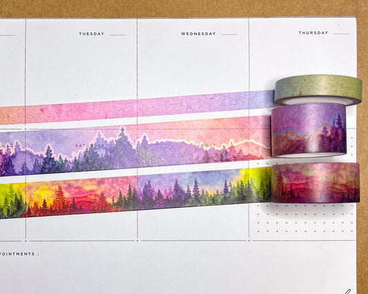 Rainbow Landscapes Washi Tape Set, Includes 3 Rolls Sizes 1cm, 2m, and 2.5cm Wide, 10m Long