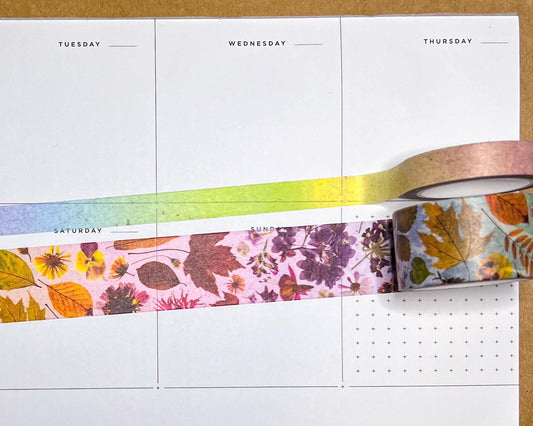 Pressed Pastel Rainbow Botanicals & Flowers, Coordinating Washi Tape Set of 2 Rolls, 1cm and 2.5cm Wide, 10m Long