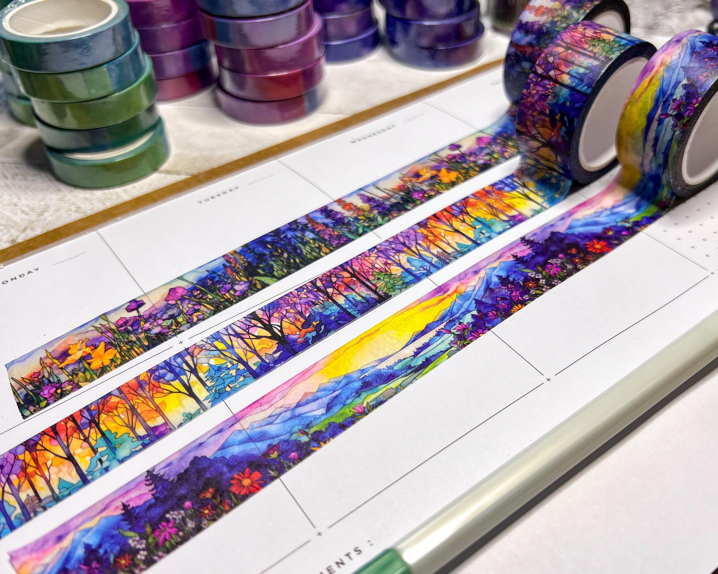 Mosaic Rainbow Landscapes Washi Tape Set, Includes 3 Rolls Sizes 2cm Wide and 10m Long