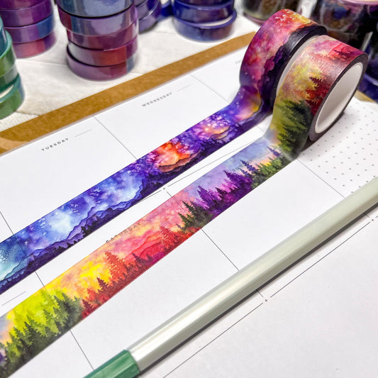 Set of 2 Watercolor Landscape Washi Tape, Size 2cm Wide by 10m Long, Treescape and Mountainscape