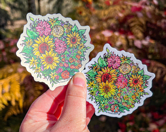 Limited Edition* Summer Flowers Ball, 3” Matte Holo and Glitter Vinyl Sticker, Waterproof and Dishwasher Safe
