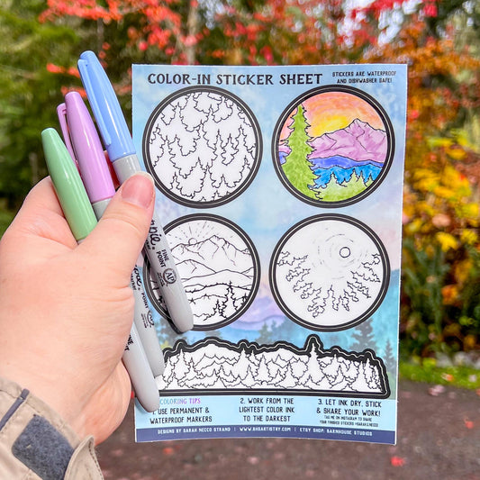 Color-In PNW Landscaps Sticker Sheet 5"x7", for Kids & Adults