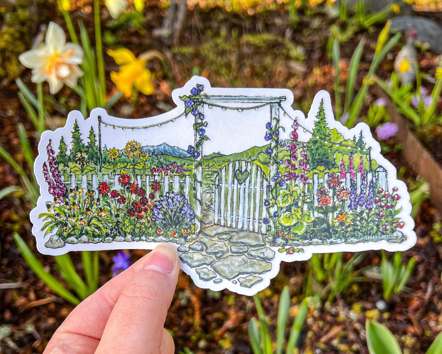 Flower Garden Gate, 3.75"x6" Clear Wrap Vinyl Sticker