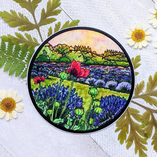 Poppies in the Lavender Field, 3" Circle Vinyl Sticker