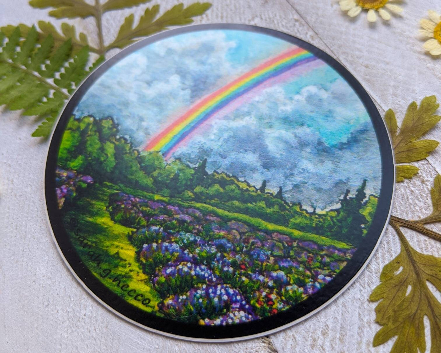 Rainbow Above the Lavender Field, Vinyl Sticker- Watercolor art of a rainbow over a lavender field on the Olympic Peninsula, Sequim WA