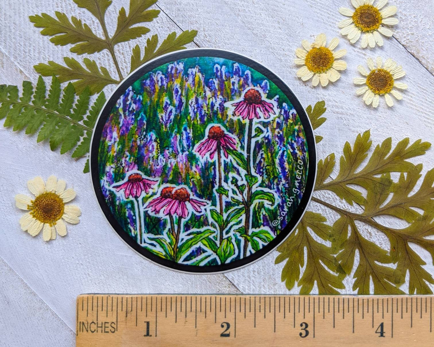 Echinacea Flowers and Lavender, 3" Circle Vinyl Sticker