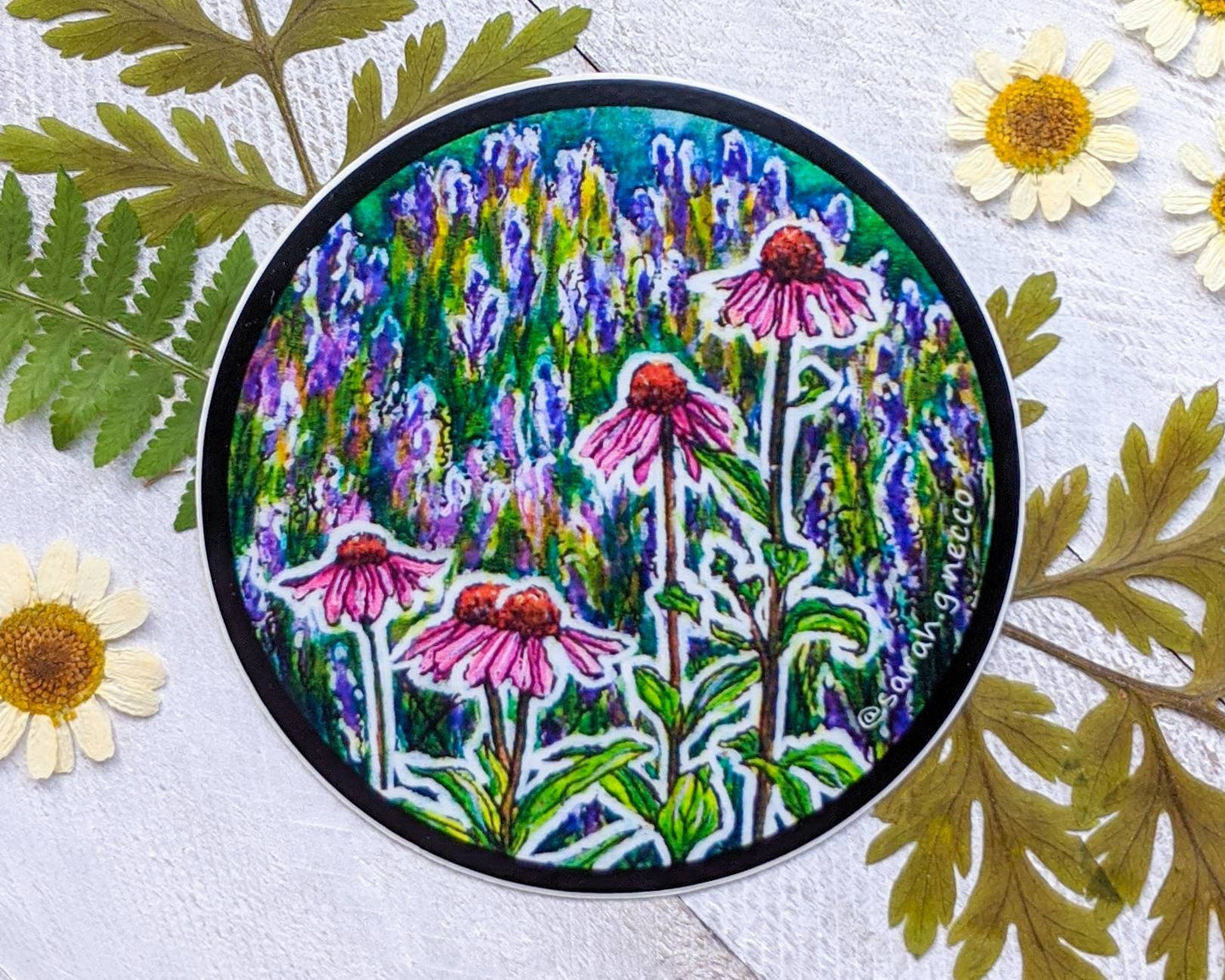 Echinacea Flowers and Lavender, 3" Circle Vinyl Sticker