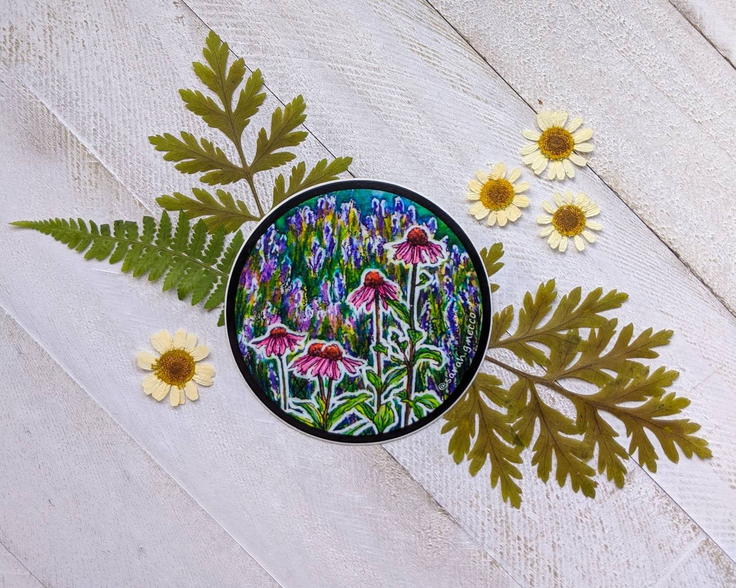 Echinacea Flowers and Lavender, 3" Circle Vinyl Sticker