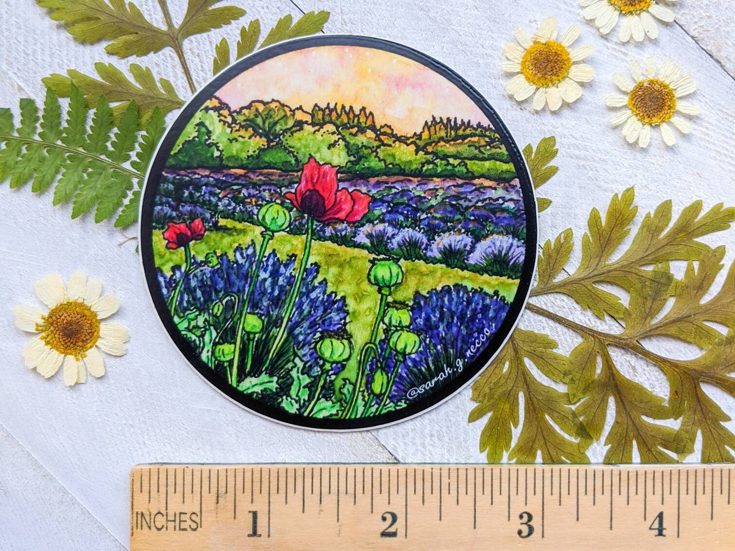 Poppies in the Lavender Field, 3" Circle Vinyl Sticker