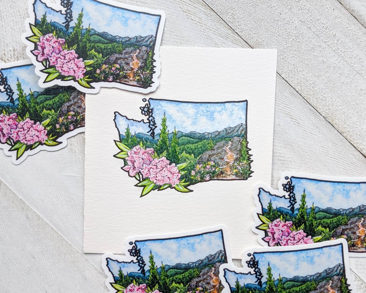 WA State Rhododendron Flower, 3" Vinyl Die-Cut Sticker, Waterproof & Dishwasher Safe, Black Outline