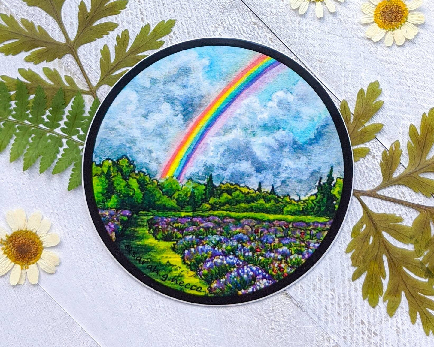 Rainbow Above the Lavender Field, Vinyl Sticker- Watercolor art of a rainbow over a lavender field on the Olympic Peninsula, Sequim WA