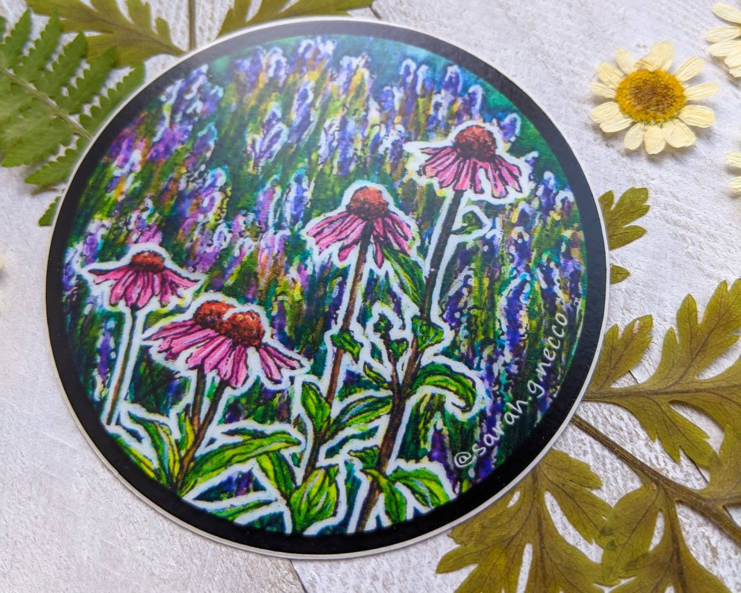 Echinacea Flowers and Lavender, 3" Circle Vinyl Sticker