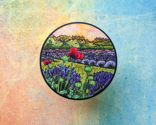 Poppies in the Lavender Field, Vinyl Sticker- Watercolor painting of poppies in lavender field, Olympic Peninsula, Sequim WA, Weatherproof