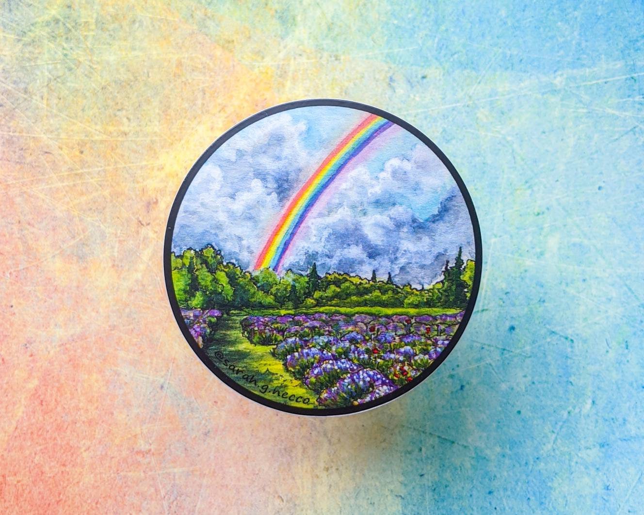 Rainbow Above the Lavender Field, Vinyl Sticker- Watercolor art of a rainbow over a lavender field on the Olympic Peninsula, Sequim WA