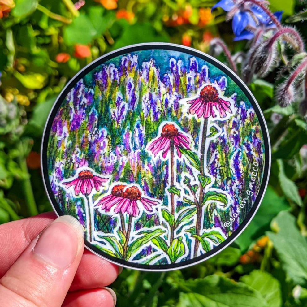 Echinacea Flowers and Lavender, 3" Circle Vinyl Sticker