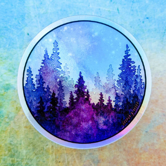 Holographic Purple Forest & Galaxy Watercolor Art Sticker, Waterproof Vinyl 3" Circle